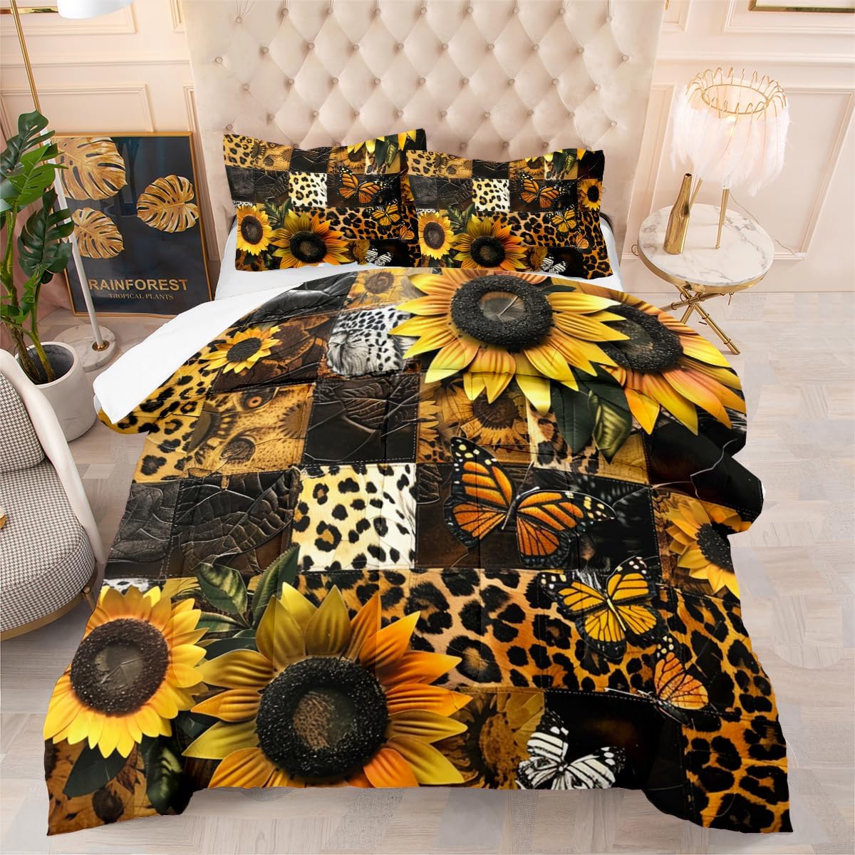 Animal Skin Comforter Set Queen Size Sunflowers Leopard Comforter Patchwork Leopard Print Bedding Set for Adult Women Girls Decor 3Pcs Soft Lightweight Bed Set with 2 Pillowcases