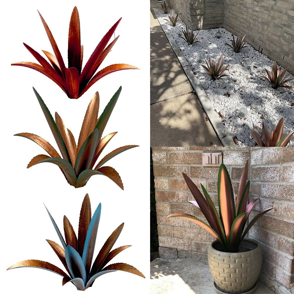 Decorazione per esterni in agave di ferro per giardino e patio, scultura in metallo con viti a forma di H sicure per stabilità e finitura resistente alle intemperie (rosso con asta ad H)