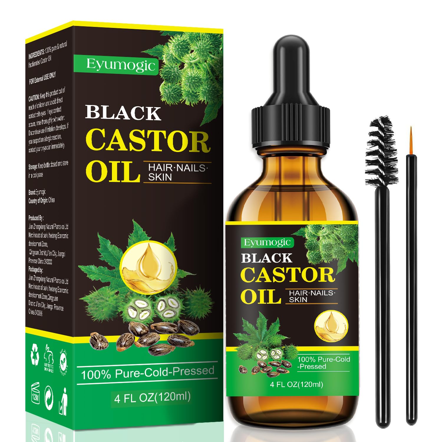 Jamaican Black Castor Oil Organic 100% Pure and Natural Carrier Oil Cold-Pressed and Hexane-Free (4 Fl Oz/120mL)