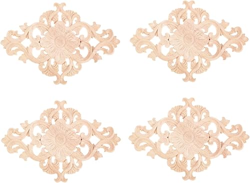 MUXSAM - Apliques tallados en madera, 4 piezas decorativas de madera, calcomanías centrales de muebles sin pintar para gabinete, tocador, cama,