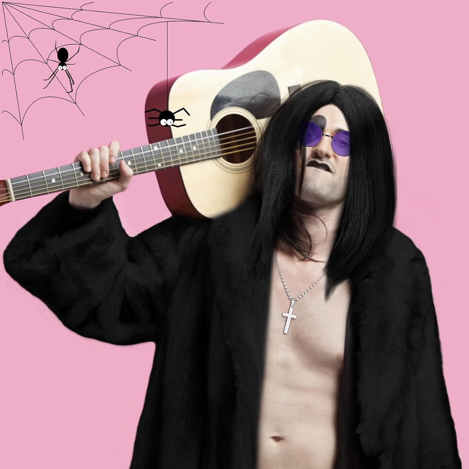 Highergo 3 Pcs Mens 80's Rock Costume Wig with Purple Round Hippie Glasses Cross Pendant Necklace 80s Hip Hop Rock Cosplay Costume Accessories for Men Halloween Cosplay Party Accessories - Image 4