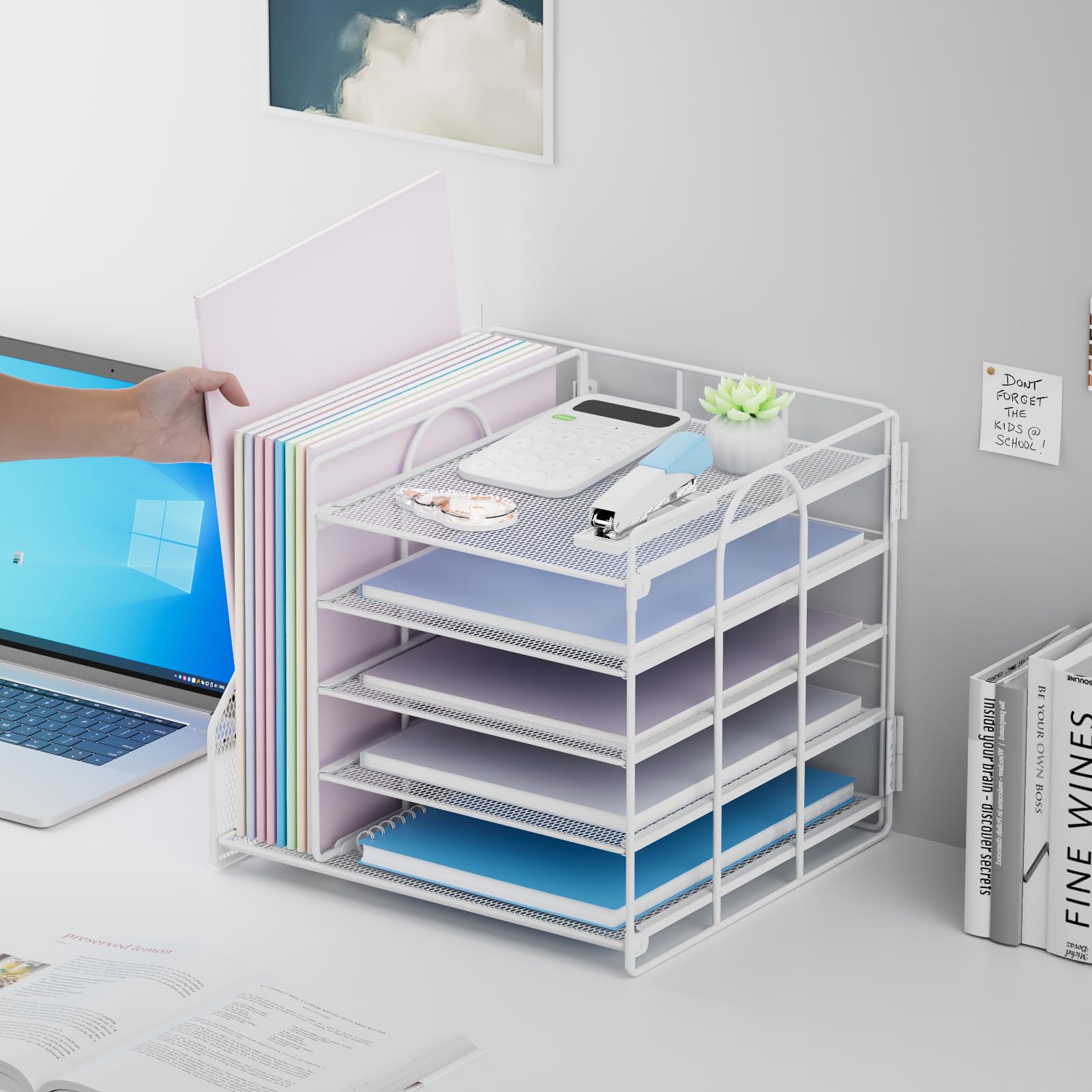 Schreibtisch Organizer mit Aktenhalter, 5-stöckiges Papier Briefkasten Organizer, Desktop Organizer und Aufbewahrung, Mesh Schreibtisch Organizer und Zubehör für Bürobedarf zu Hause(Weiß)