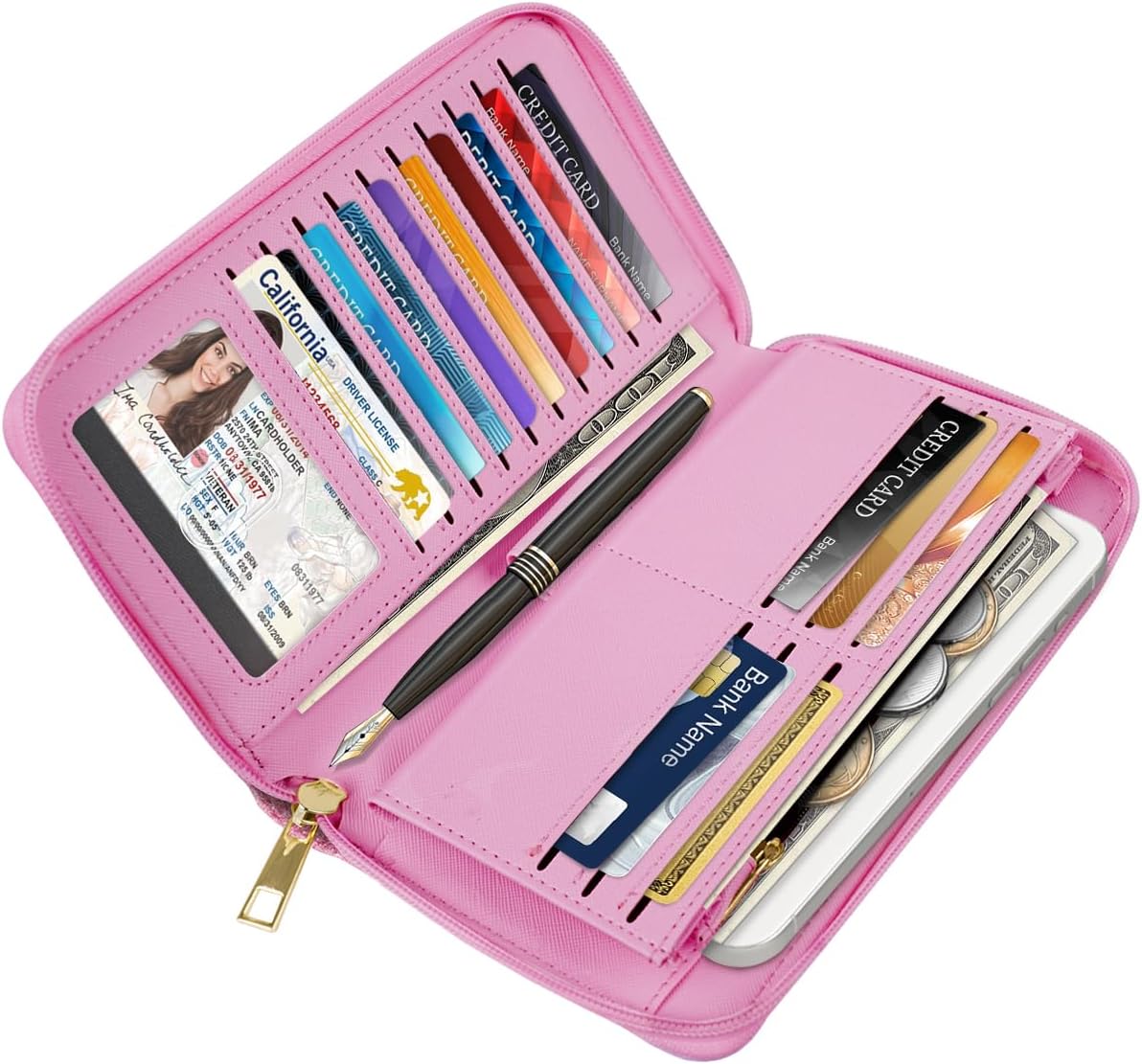 Large Capacity Wallets for Women RFID Blocking Leather Zip Around Phone Purse Ladies Travel Credit Card Clutch with Wristlet, Glitter Peach - Image 3