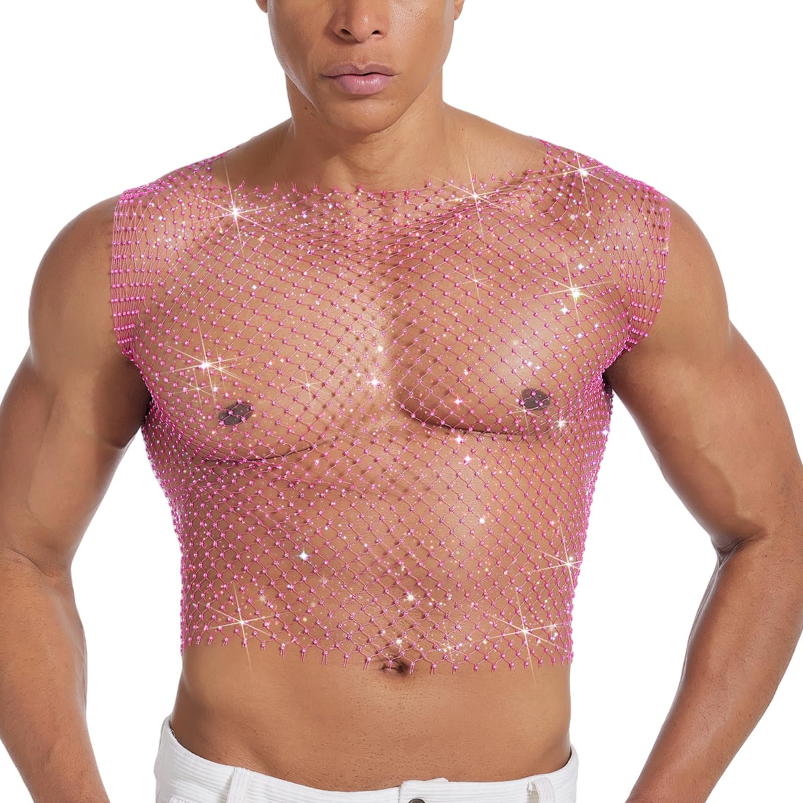 Hybursky Men's Fishnet Crop Top Sexy Glitter Vest See Through Sleeveless Shirts Hollow Out Muscle Tank Top Novelty Party Clubwear Music Festivals Rave Outfits(Hot Pink/XL)