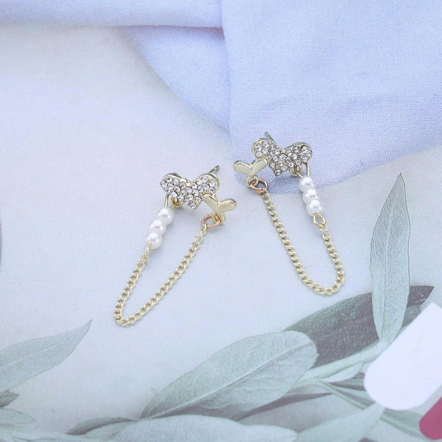 Sparkly Crystal Heart Tassel Dngle Earrings Pearl Chain Stud Earrings Gold Cz Heart Drop Earrings Rhinestone Heart Post Earrings Jewelry for Women - Image 3
