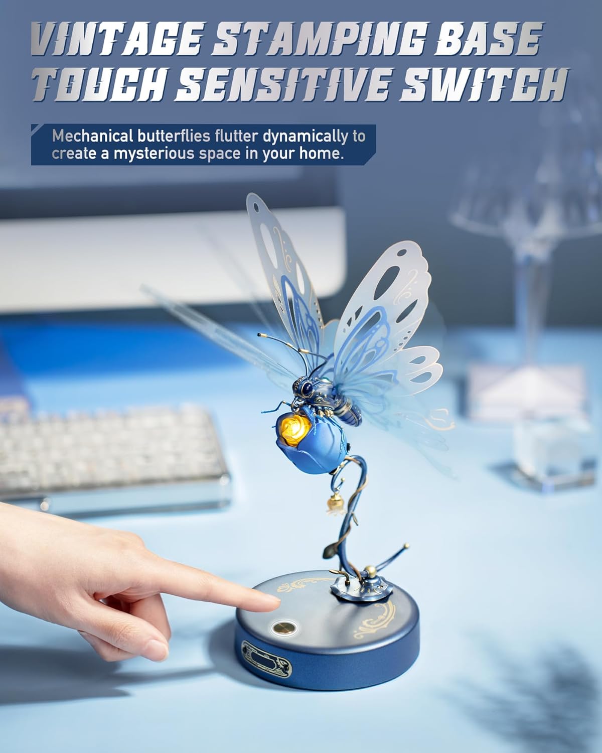 A hand touching the base of the ROBOTIME 3D Puzzle Night Light to activate the touch-sensitive switch.