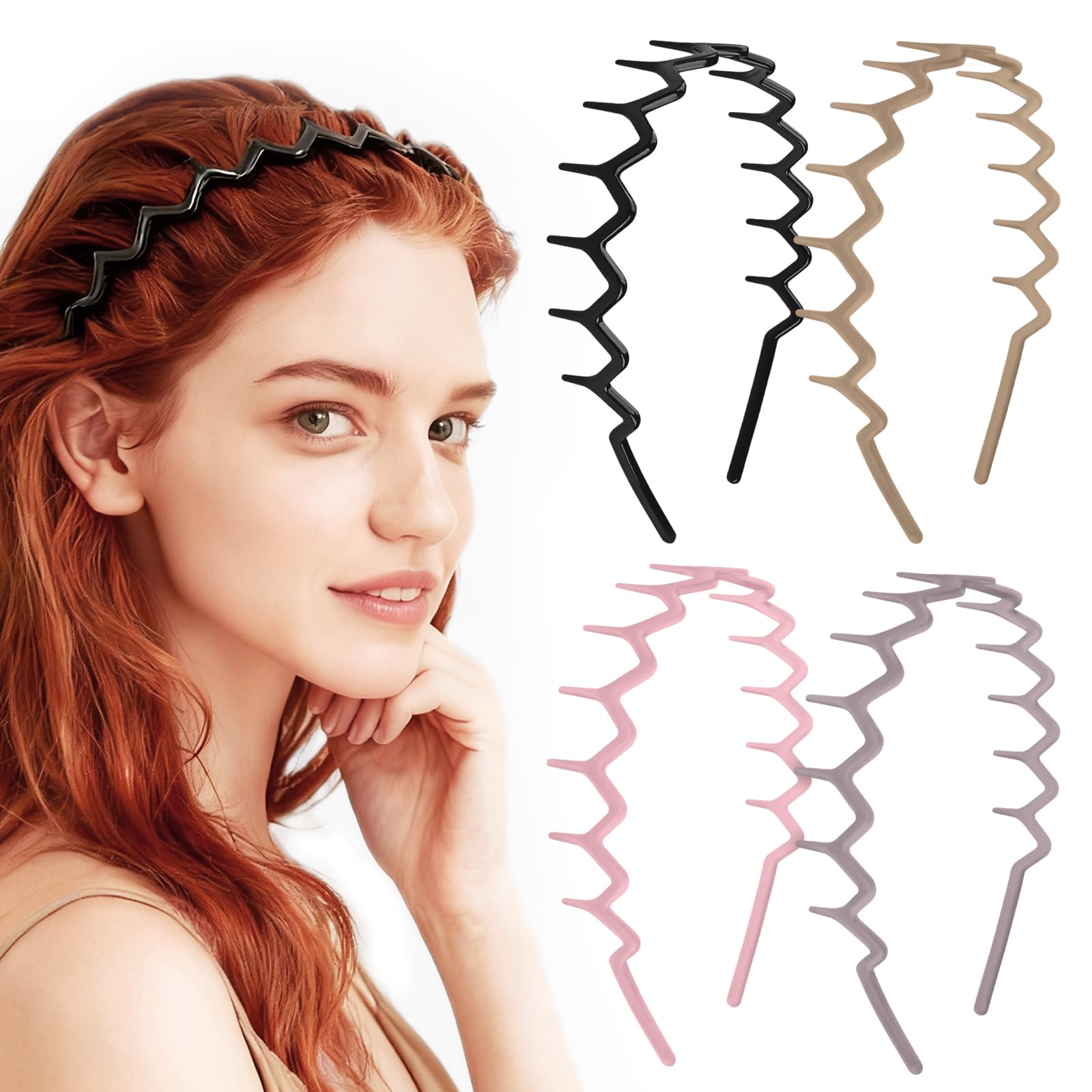 MIVZO Zig Zag Headbands - 4Pcs Non Slip Comb Headband with Teeth for Women Classic Wavy Claw Headband for Men‘s Women's Hair Fashion Hair Accessories