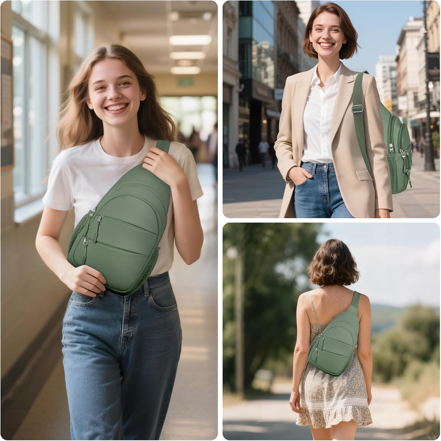 Tuwubi Crossbody Bags for Women, Sling Bag for Men, Small Hiking Backpack Anti Theft Lightweight for Outdoors Travel （L, Sage Green）