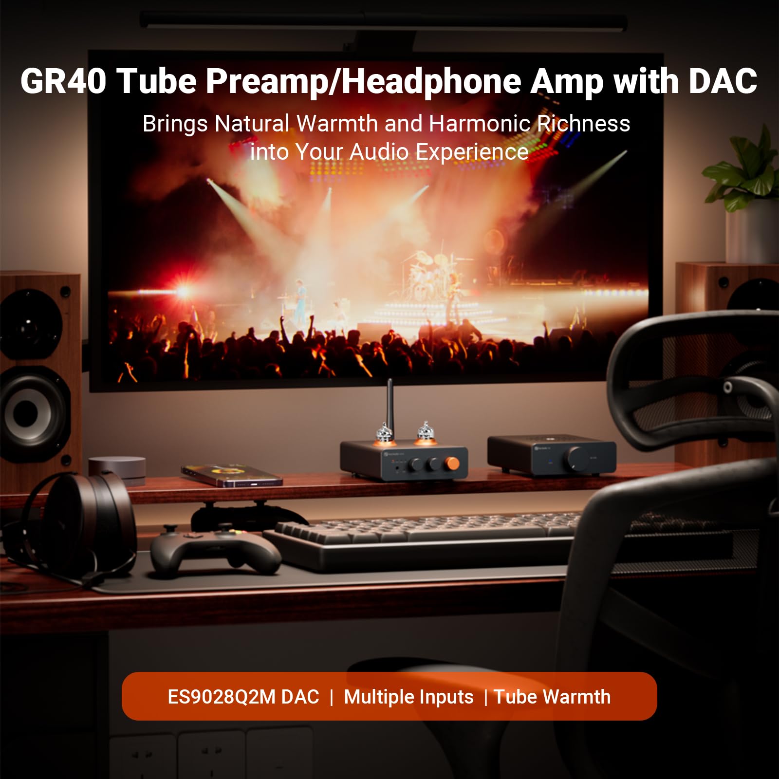 Fosi Audio GR40 Kopfhörerverstärker DAC Röhrenverstärker Vorverstärker Stereo, für 3.5mm Home Audio Aktivlautsprecher, Digital-Analog-Wandler Vorverstärker mit Bluetooth und USB/Opt/Coax