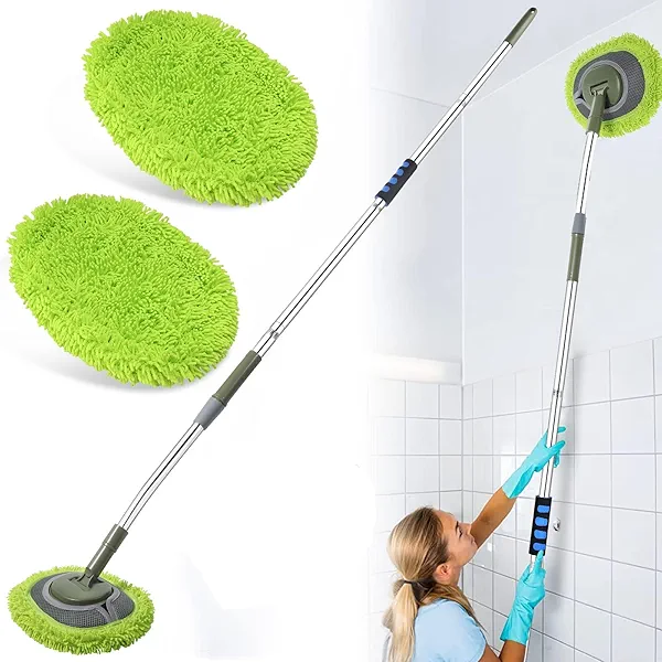 Wall Cleaner, Max 66'' Wall Mop with Long Handle, Ceiling Dust Mop with 15° Labor-Saving Elbow Extension Pole, Baseboard Duster Washer Scrubber, High Reach Window Cleaning Brush, Roof Cleaning Tool-GN
