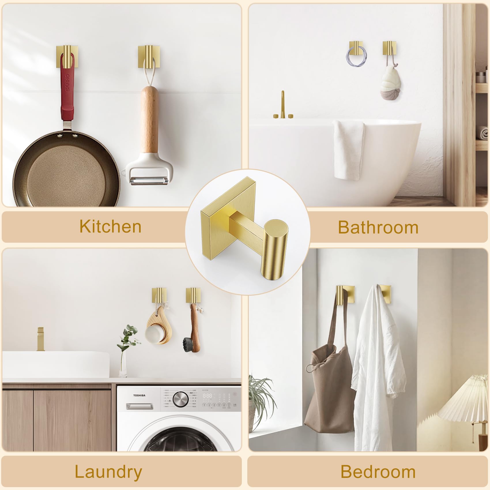 Brushed Gold Bathroom Hardware Set – 23.6 Inch Towel Bar, Ring, TP Holder & Hooks, SUS304 Stainless Steel - View #6