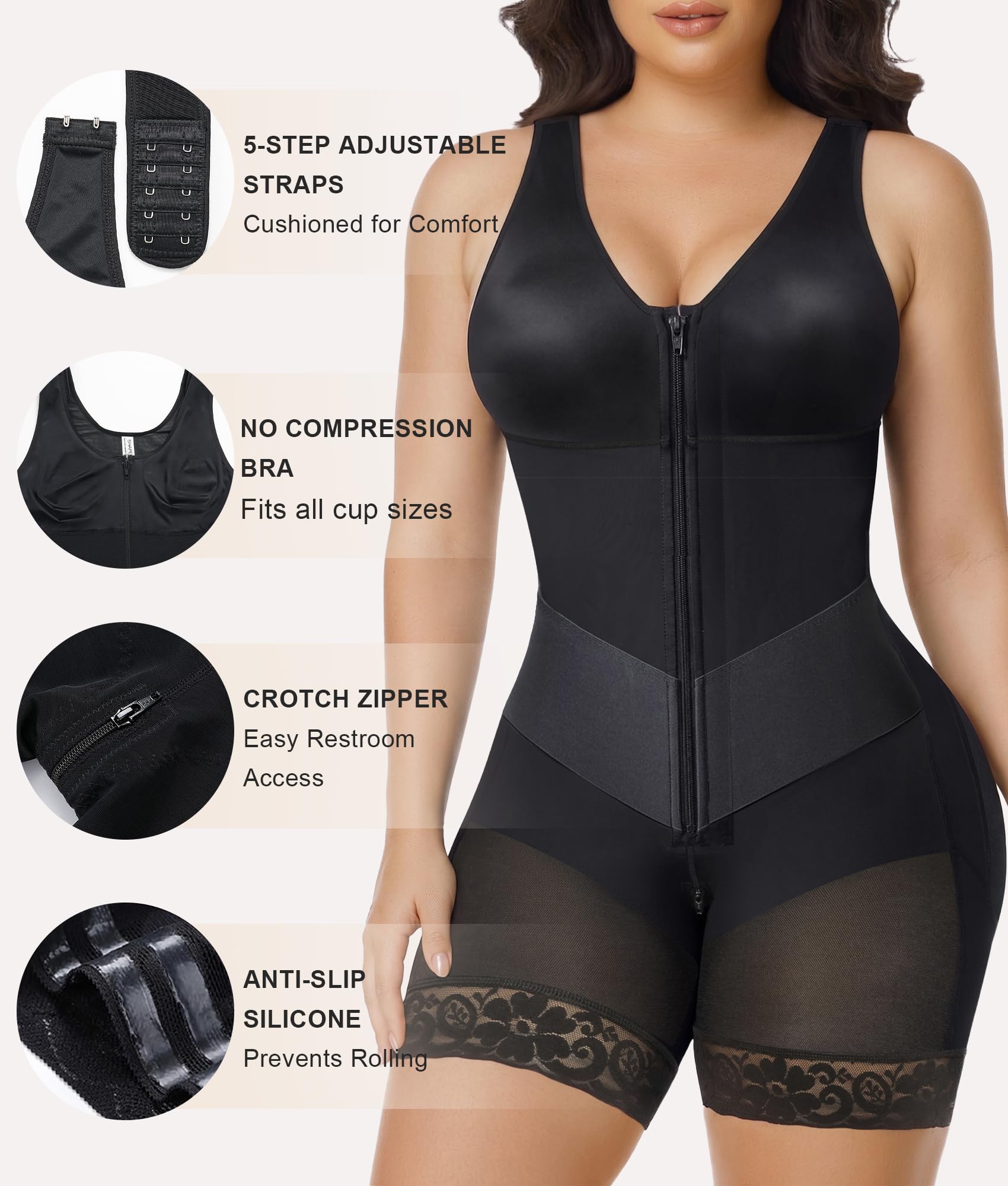 SHAPERX Faja Colombiana Body Moldeador Control Abdomen Levanta Glúteos | Control Abdomen V, Sin Aros, Cremallera y Ganchos, Tirantes Ajustables, Glúteos 3D, Antideslizante, Baño Fácil, Postparto