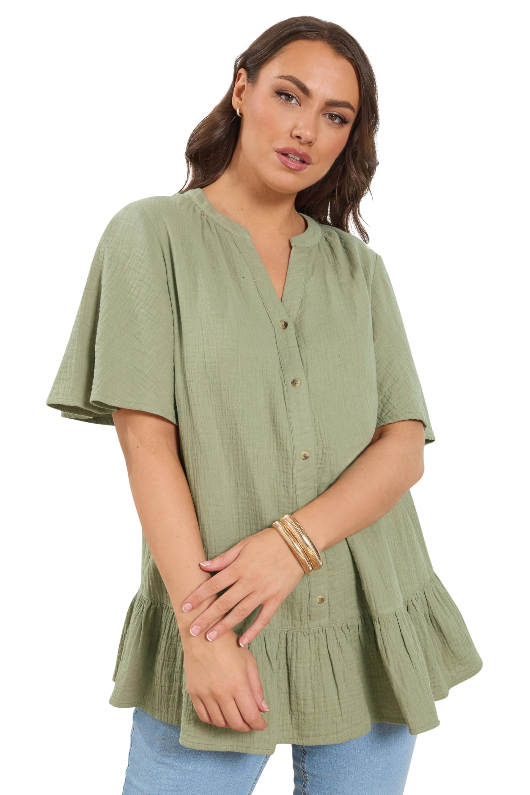 Yours Women's Jade Curve Sage Green Cheesecloth Button Through Top - Plus Size Curve