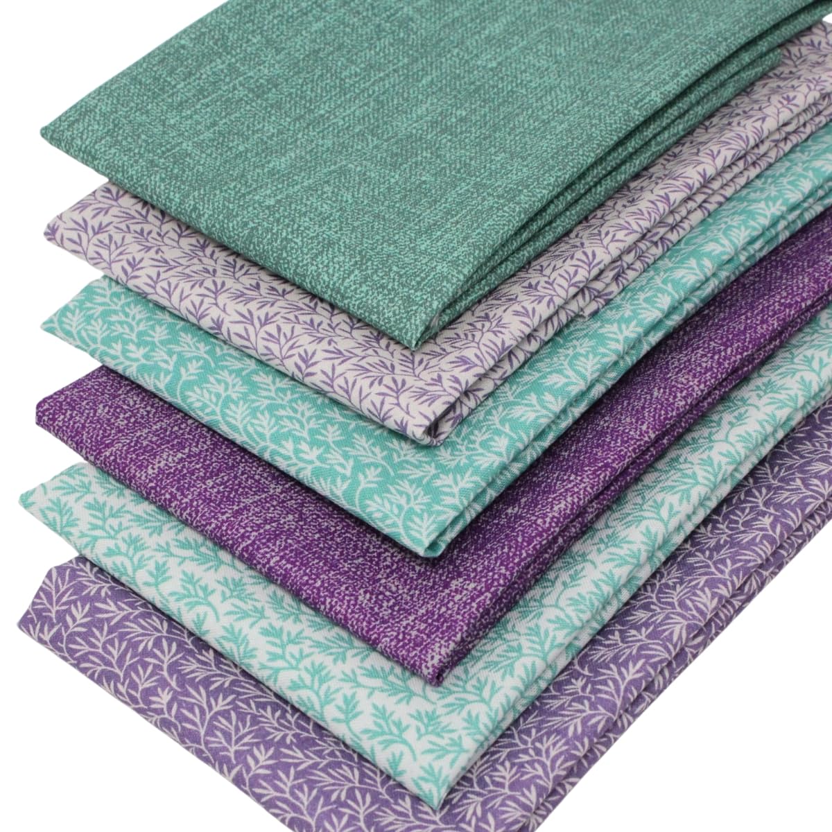6 Fat Quarters Bundle - 'Wimbledon' Coordinating Fabrics in Green & Purple Featuring Leaf Stems and Textures. 100% Cotton for Quilting & Patchwork (with Free Patchwork Pattern by Overdale Fabrics)