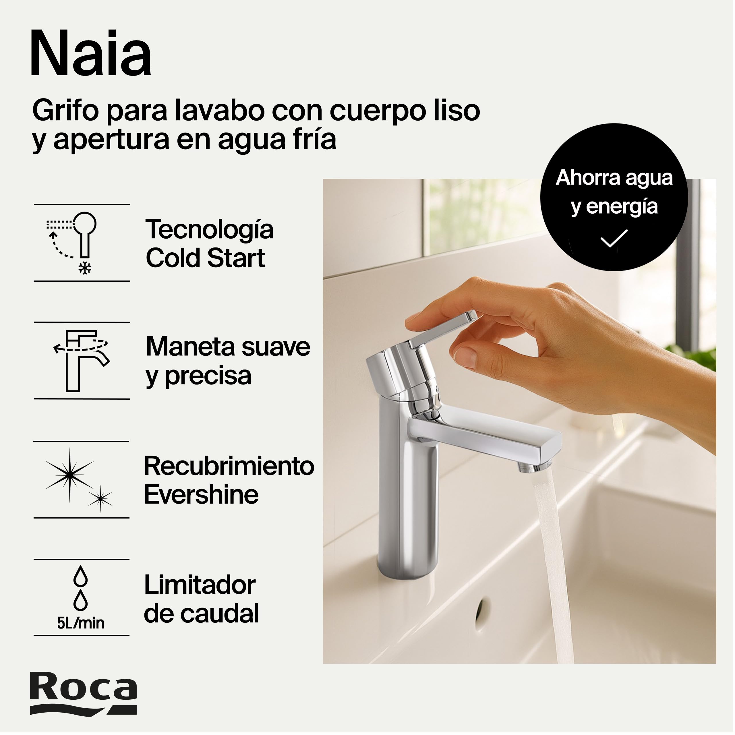 Roca Naia Grifería de lavabo con tecnología ColdStart, grifo monomando con enlaces de alimentación flexibles, mezclador de cuarto de baño con desagüe click-clack, fácil instalación, cromado A5A3296C00