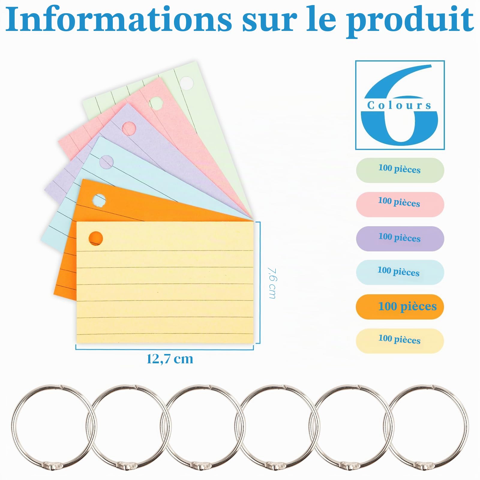 A8 Flashcard 600Pcs Lignées Flashcards avec Anneau Cartes de Vocabulaire pour Apprentissage