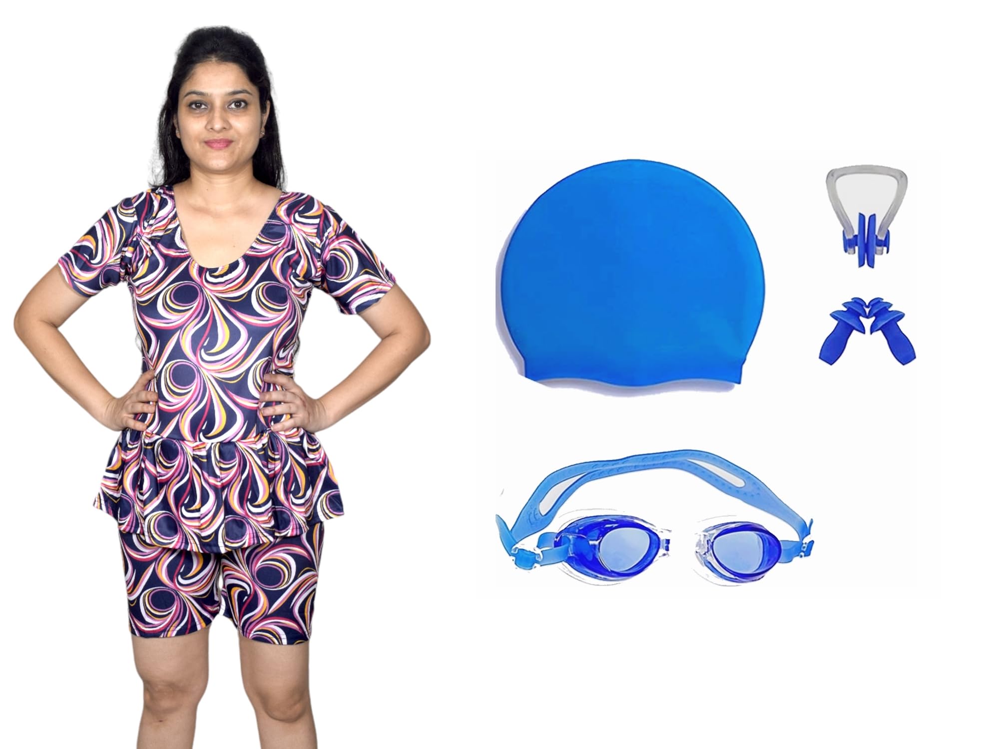 Women's Swimming Half Sleeves Frock with Swimming 1 Anti Fog Swimming Goggles + 1 Silicone Swimming Cap+ 1 Nose Clip+ 2 Ear Plugs-image-0