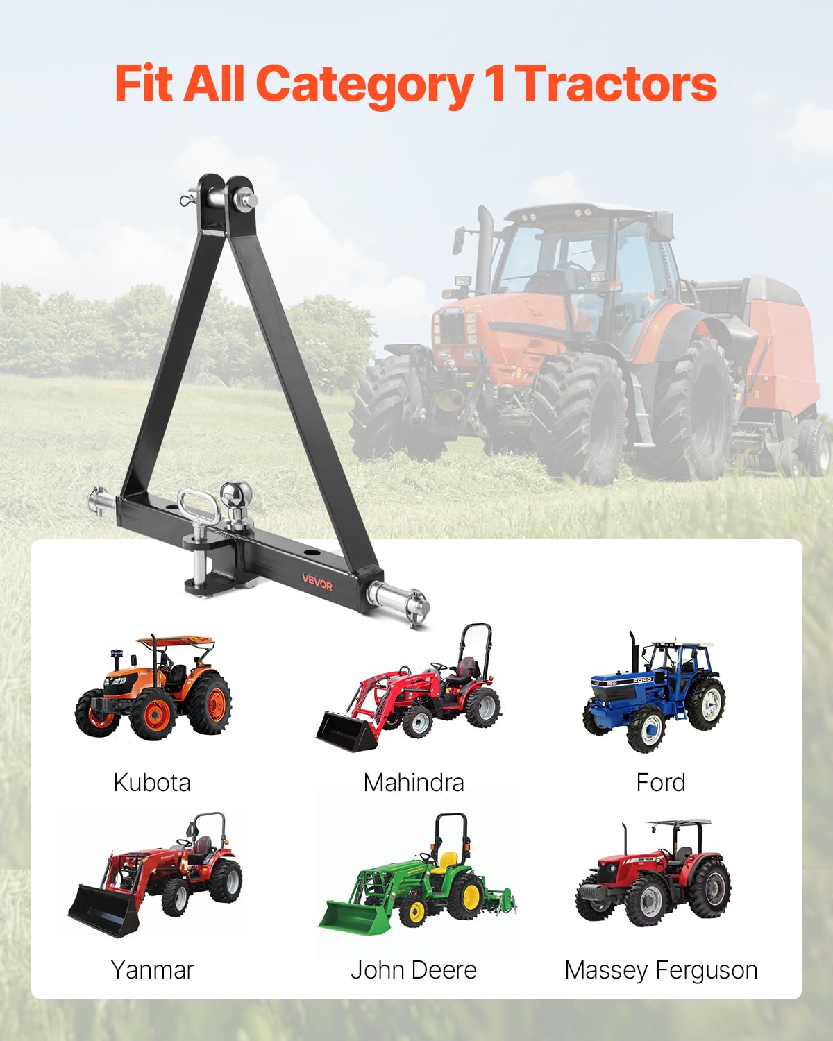 VEVOR 3-Punkt-Anhängerkupplung mit 1-7/8 Zoll Empfänger, 3-Punktaufnahme, 2721 kg, Traktor-Anhängerkupplungsadapter, kompatibel mit Kubota, Mahindra, John Deere, Massey Ferguson, 505x575x130mm