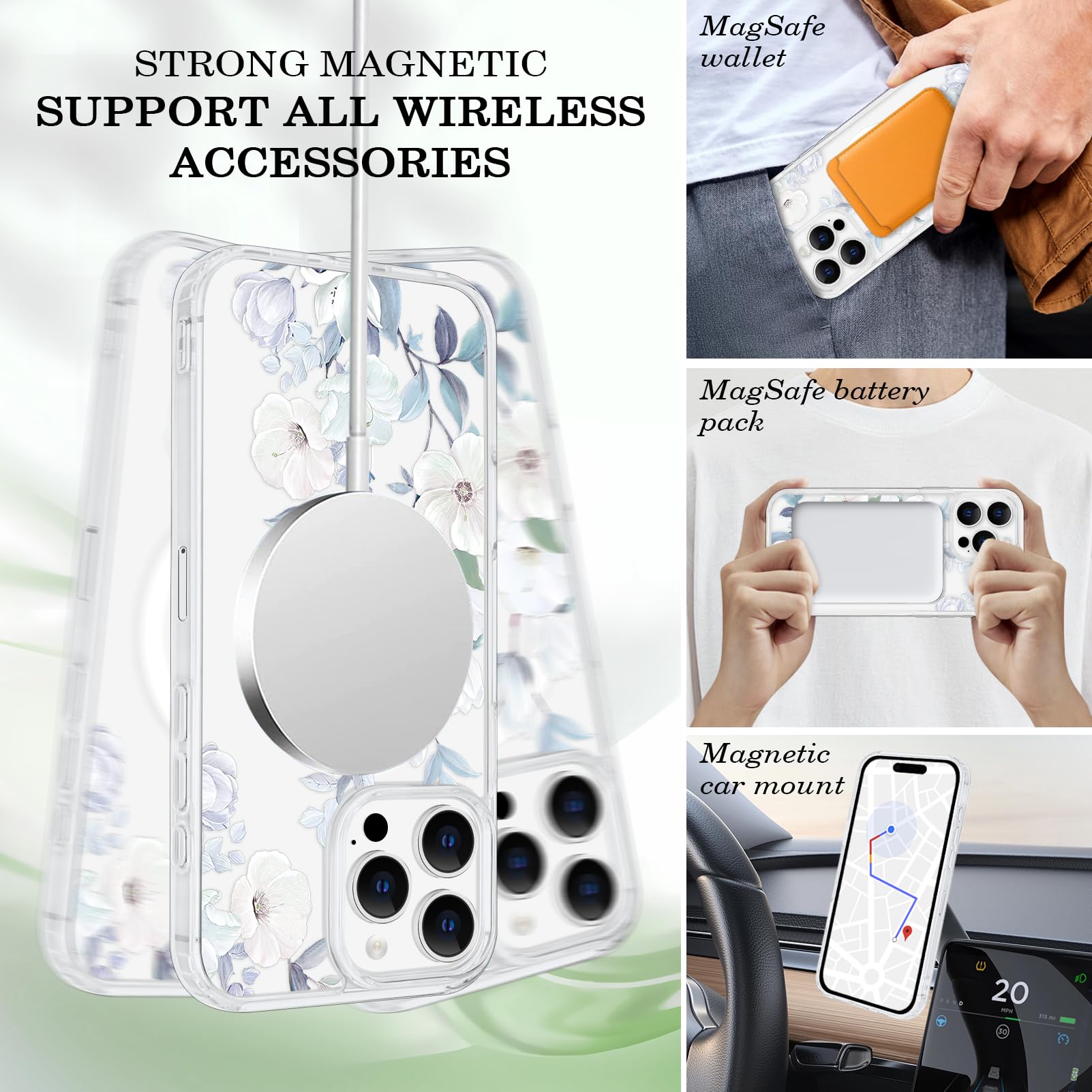 Tcaraersing For IPhone 16 Pro Flower Case Clear [Compatible With MagSafe] Floral Pattern Magnetic Shockproof [Hard PC Back Soft TPU Edge] Slim Cover For Girls Women IPhone 16 Pro 6.3 Inch - View #3