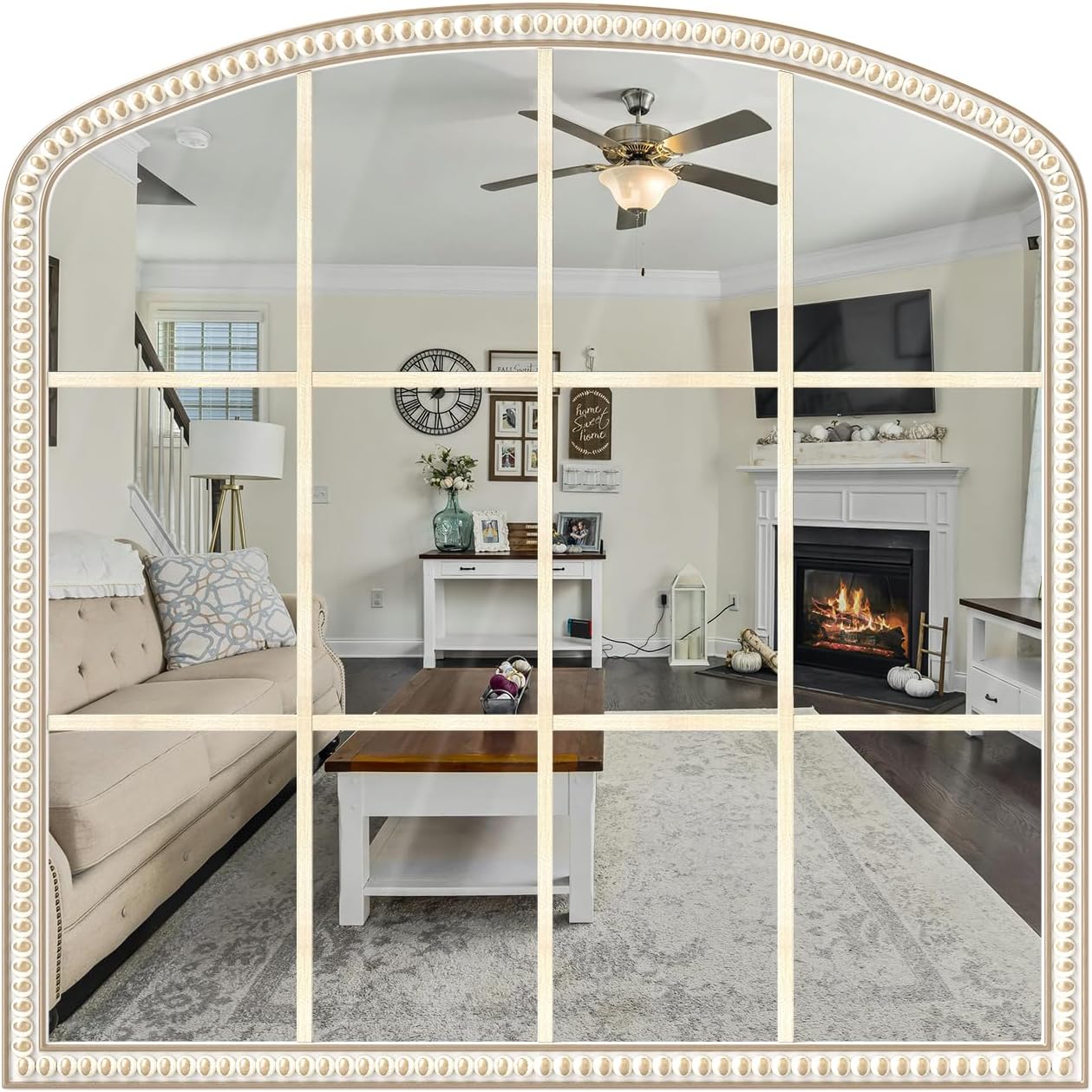 36''x36'' Wooden Wide Arched Mirrors for Wall with Window Girds, Large Farmhouse Decorative Mirror for Living Room, Entryway, Hallway, Fireplace, Bathroom Arch - 36x36 in