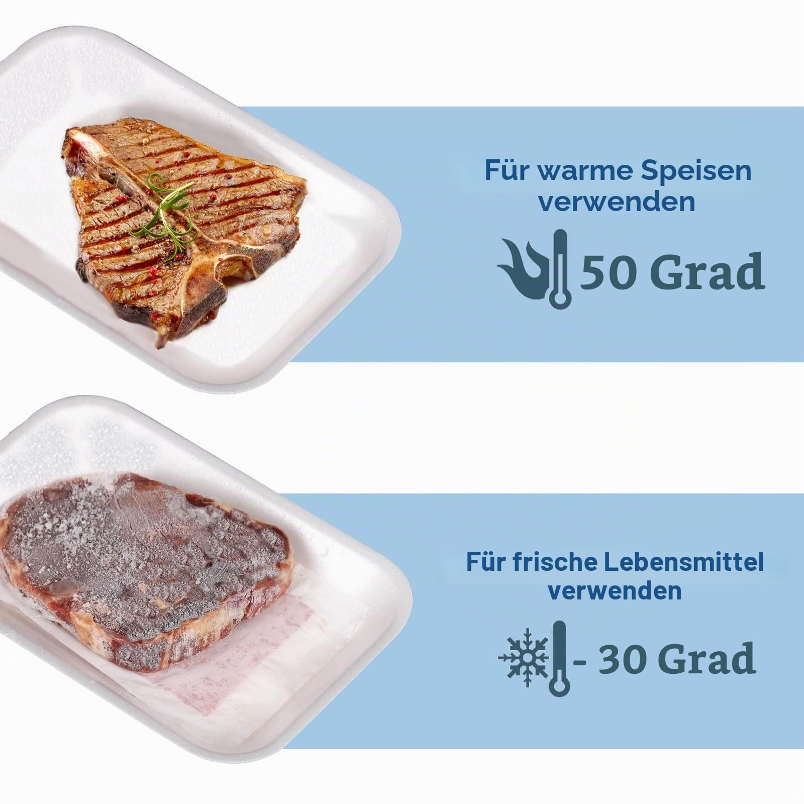 Weiße Styropor-Tabletts (25 Stück/Set - 20 x 13 x 2,3 cm) mit weißem Fleischabsorbierer-Pad, Standard Supermarkt Einweg-Lebensmitteltablett