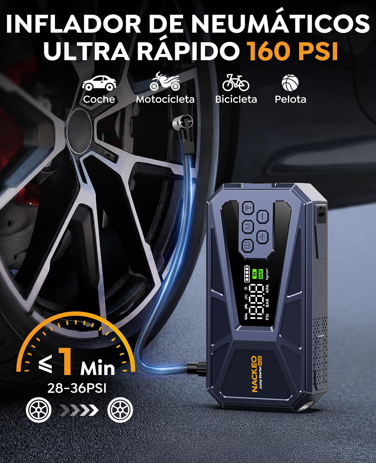 Arrancador de Baterías de Coche 8000A con Compresor 160 PSI, 12V Arrancador de Coches Portátil (Todo Gasolina o 12L Diésel), Arrancador de Coche con Linterna LED, Pantalla LCD y Carga Rápida