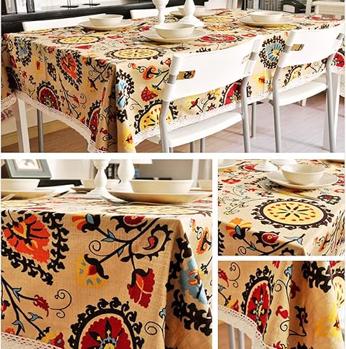 Miniatura 2 de LeLehome Elome Mantel oblongo de 55 x 79 pulgadas con diseño de girasoles bohemios, mantel vintage de flores de algodón y lino con encaje para cena,