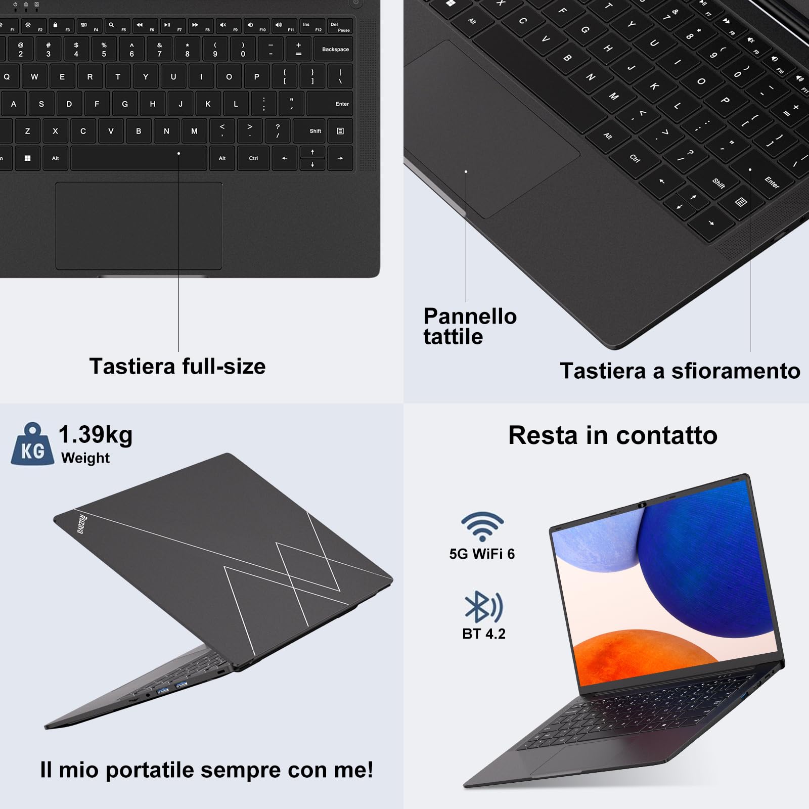 Pc Portatile 14 Pollici Win11 Notebook Celeron N5095 Upto 2,9 GHz Laptop 8GB RAM 256GB SSD TF 1TB LPDDR4 5G WiFi 1920*1080 FHD USB 3.0 Laptop QWERTY Tastiera Film Italiana - Nero Corpo in Metallo