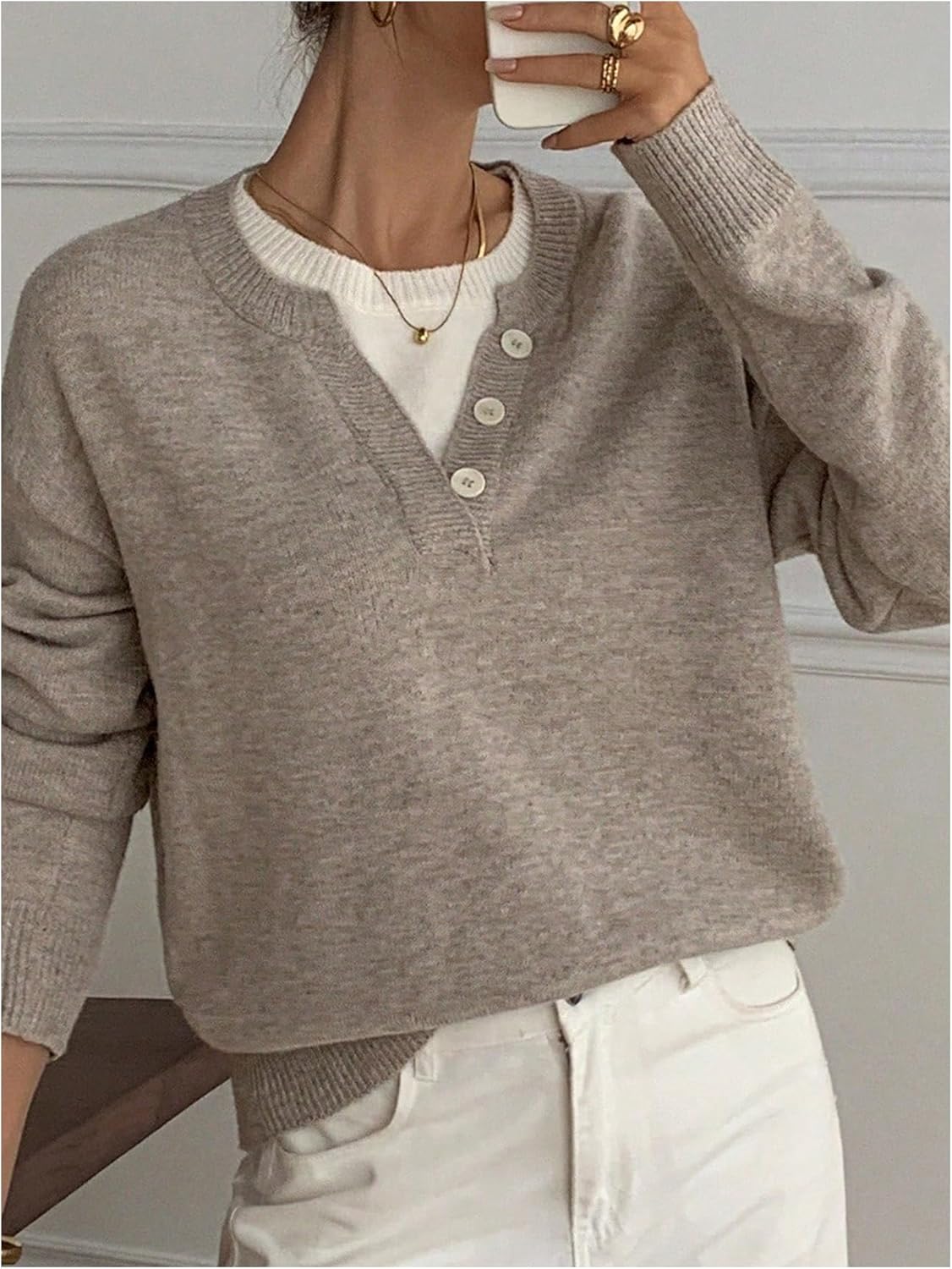 SOLY HUX Pullover Sweaters for Women Long Sleeve Button Crew Neck 2 in 1 Knitted Oversized Tops - Image 4