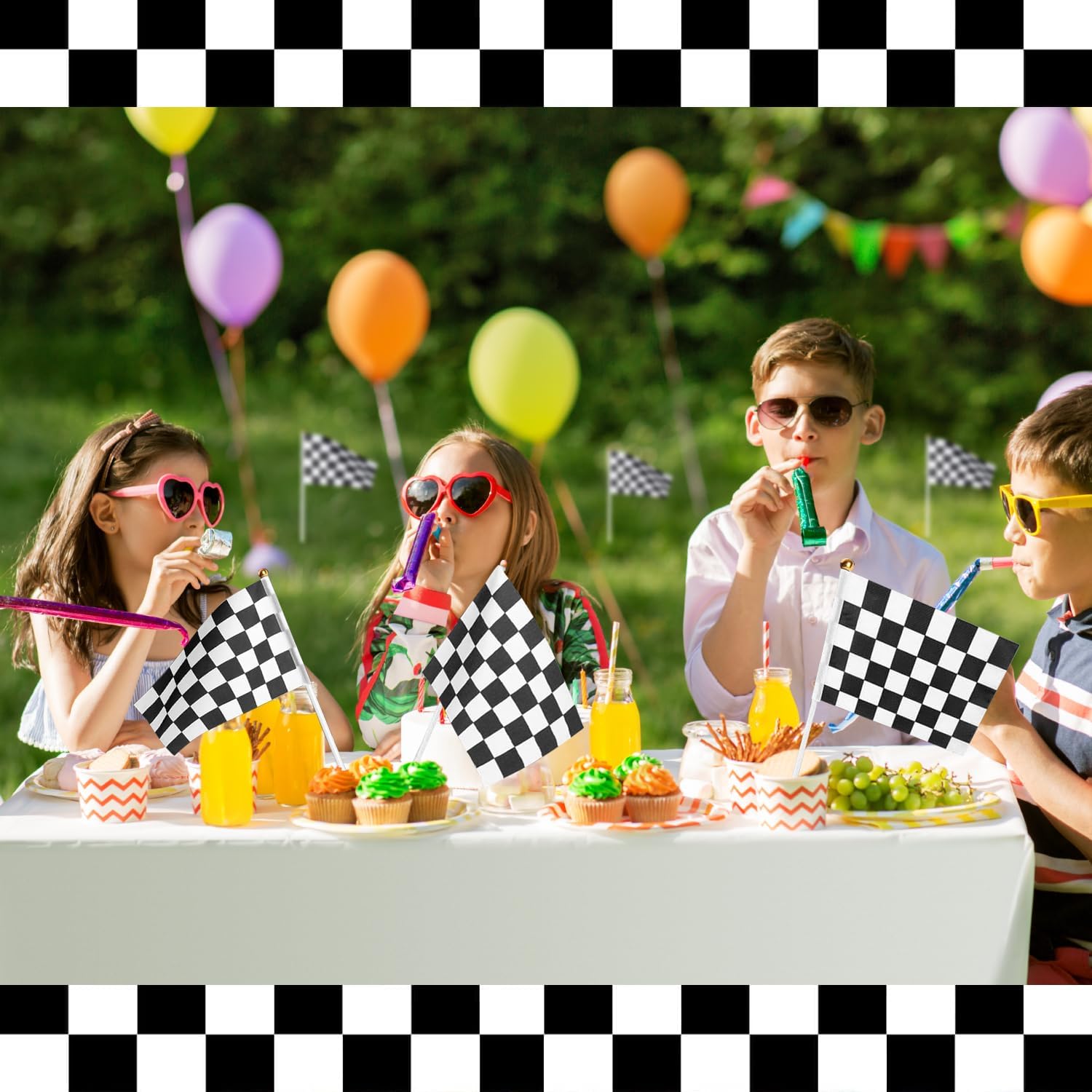 200 Pcs Small Checkered Flags Black and White Racing Flag, 5x8 Inch Handheld Flag with Child Safety Spear Top Great Children's Birthday Gift and Party Decorations Car Racing Decorations