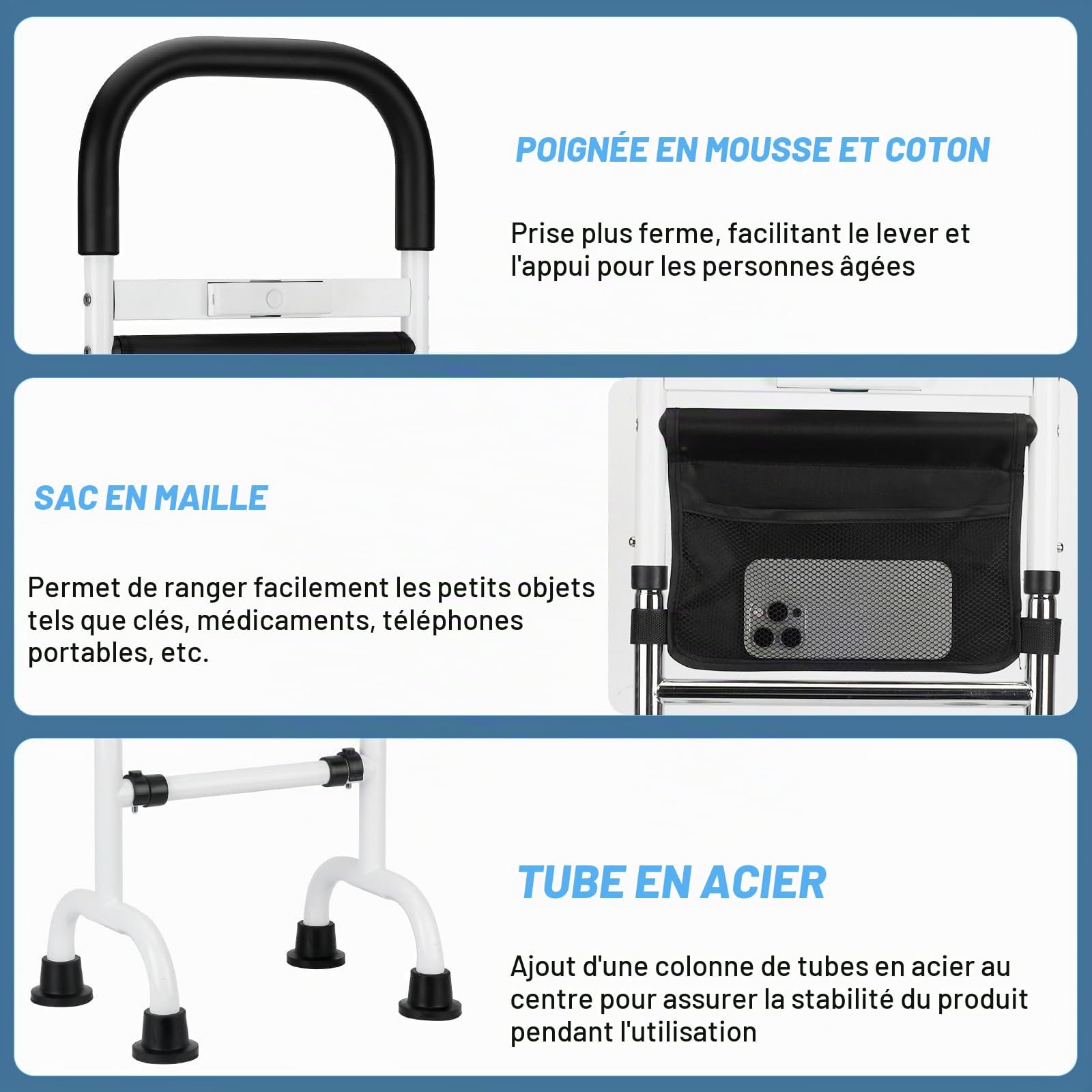 Aides Lever Lit 78 – 95 cm Réglable Support pour se lever du lit avec lumière LED Capacité 136 kg Aide pour rester debout sur les canapés, lits, à côté des toilettes pour personnes âgées et
