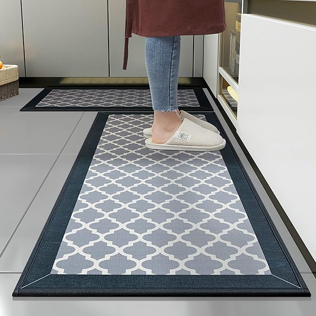 comfoyar 2 Pieces Kitchen Rugs Absorbent Polyester Linen Stripes Kitchen Mats Non Slip Machine Washable Runner Carpet for Laundry Office Home Indoor Ourdoor(44 * 80+44 * 120cm)