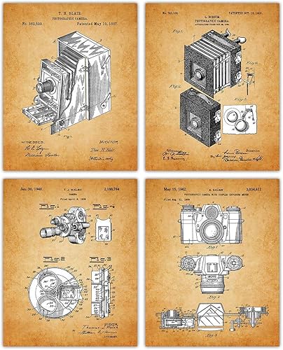 Buzz Unplugged Vintage Camera Patent Print, Set of 4, 8x10 Aesthetic Wall Posters and Unique Art Prints Picture for Bathroom, Home, Man Cave, Dorm,