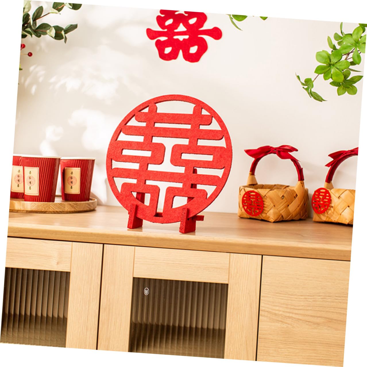 Decoración Tradicional China Doble Felicidad para Boda, Adorno de Fieltro Rojo de 1 Pieza, Símbolo Romántico para Decoración de Sala y Fiesta Nupcial