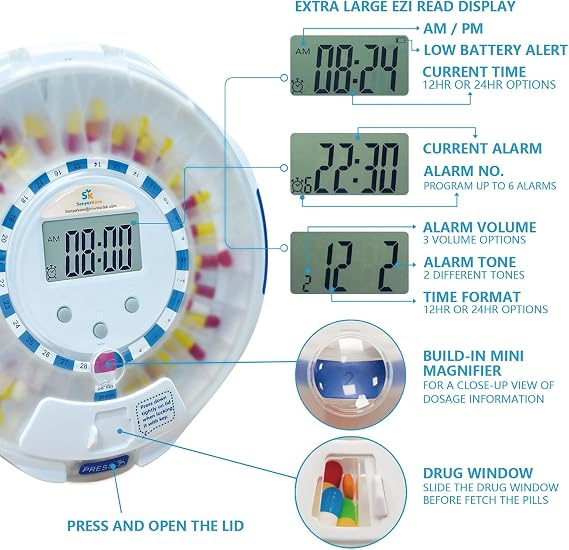 28-Day Automatic Pill Dispenser for Elderly with Alarm, Sound & Light Alerts, Easy-Read Display, 6 Dosage Templates, Locked Frosted Lid Medication Dispenser for Protecting Pills Privacy