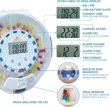 28-Day Automatic Pill Dispenser for Elderly with Alarm, Sound & Light Alerts, Easy-Read Display, 6 Dosage Templates, Locked Frosted Lid Medication Dispenser for Protecting Pills Privacy