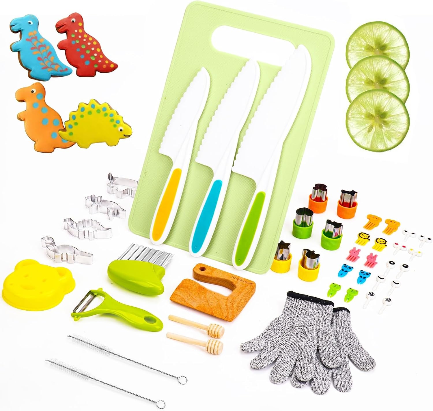 43 Piece Kids Kitchen Knife Set with Dinosaur Cookie Cutters - Kids Knife for Safely Cutting Cakes Cookies Fruits Sandwiches and Vegetables - Perfect Kids Cooking Set