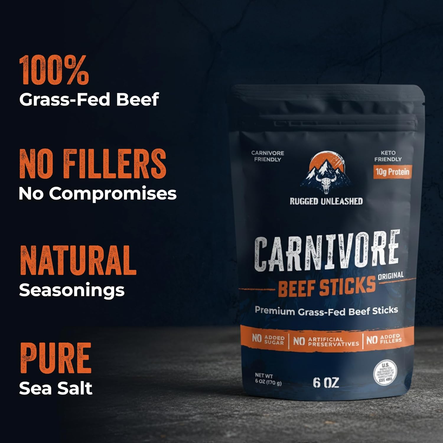 Rugged Unleashed Grass Fed Beef Sticks – Premium Carnivore Snacks With High Protein Meat Sticks, Savory Beef Jerky Snack Sticks, Carnivore Bar, No Nitrates, Zero Sugar, Keto, Paleo & Carnivore Diet Friendly, 6 oz pack
