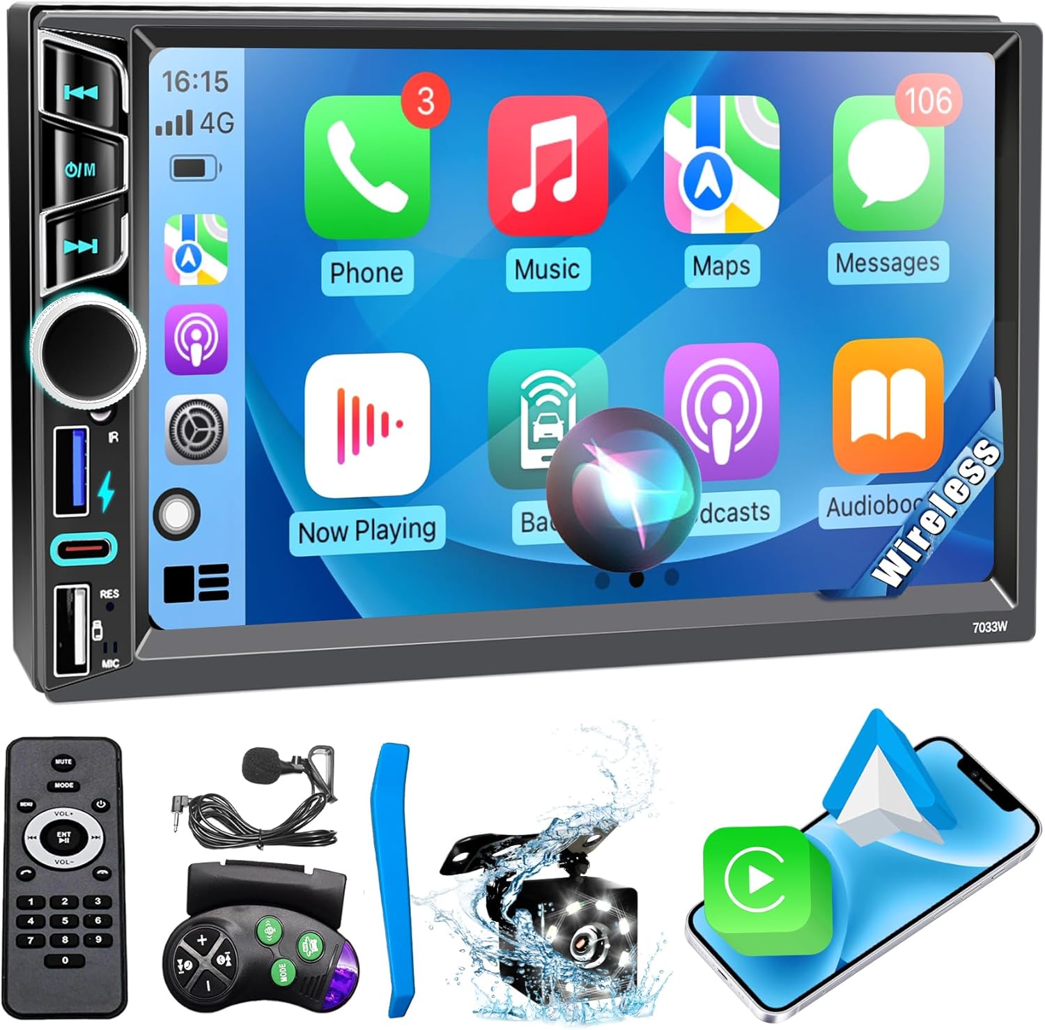 7" Double Din Car Stereo with Wireless Apple CarPlay&Android Auto,180W Outputs, Bluetooth 5.2/FM/USB-C/38W Fast Charge/Physical Knob/Weatherproof Backup Camera/USB,Stereo for 7x4.02in Double Din Size