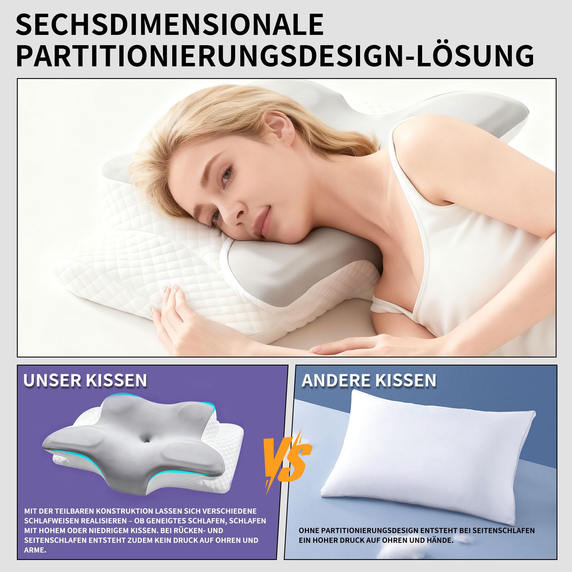 Ergonomisches Memory Foam Nackenkissen – Orthopädisches Kopfkissen mit Abnehmbarem Bezug, Perfekt für Rücken-, Seiten- und Bauchschläfer (Light Gray)