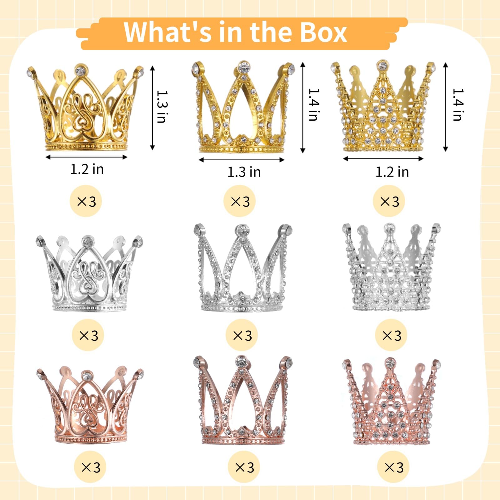 27 Stk. Mini-Kronen, Prinzessin-Tortenaufsätze, glitzernde Metallkronen, kleine Deko-Kronen für Blumensträuße, Strass-Diademe für Party, Hochzeit, Brautparty, 3 Designs