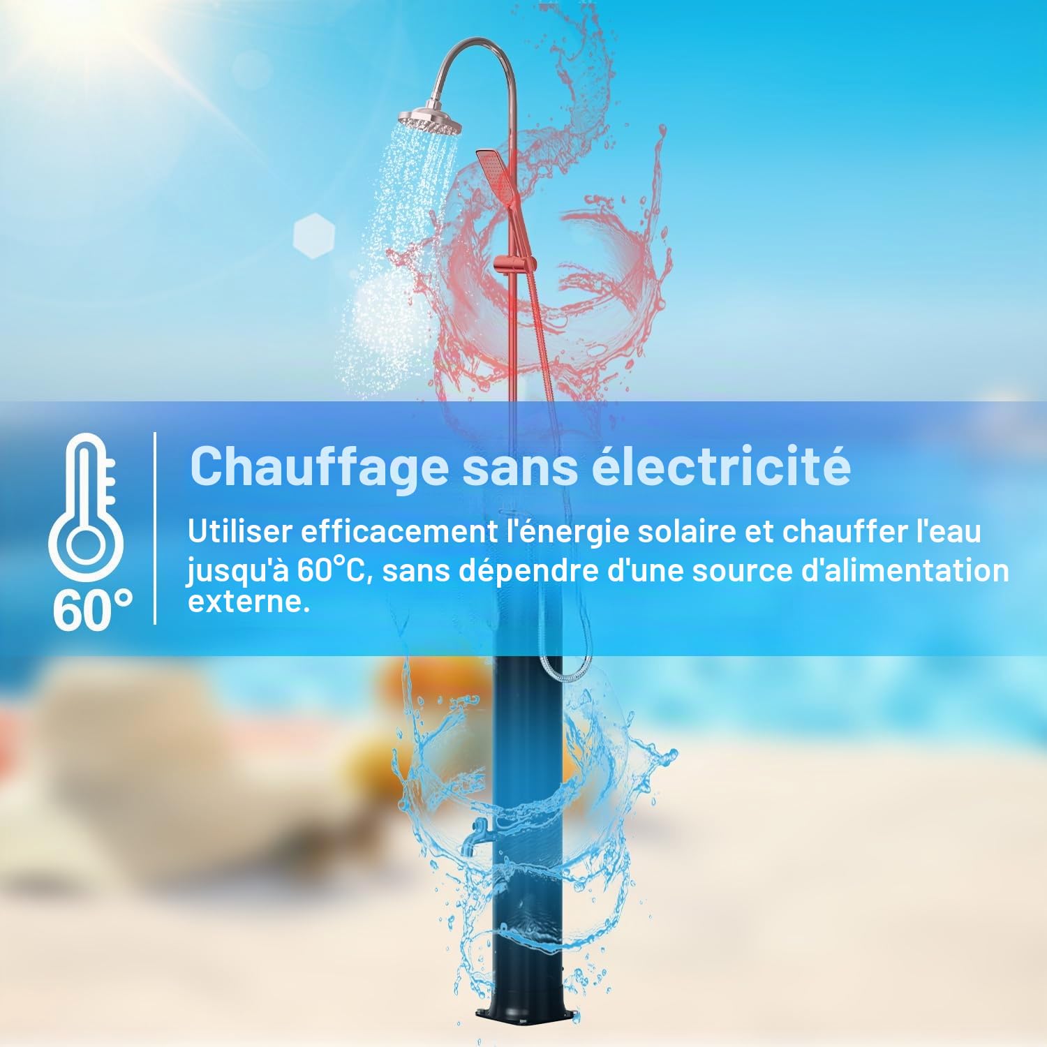 Douche solaire 20 litres – Demi-colonne avec robinet noir – Douchette à main, couvercle de protection et bonde d'eau inclus – Douche de jardin et de camping sans électricité