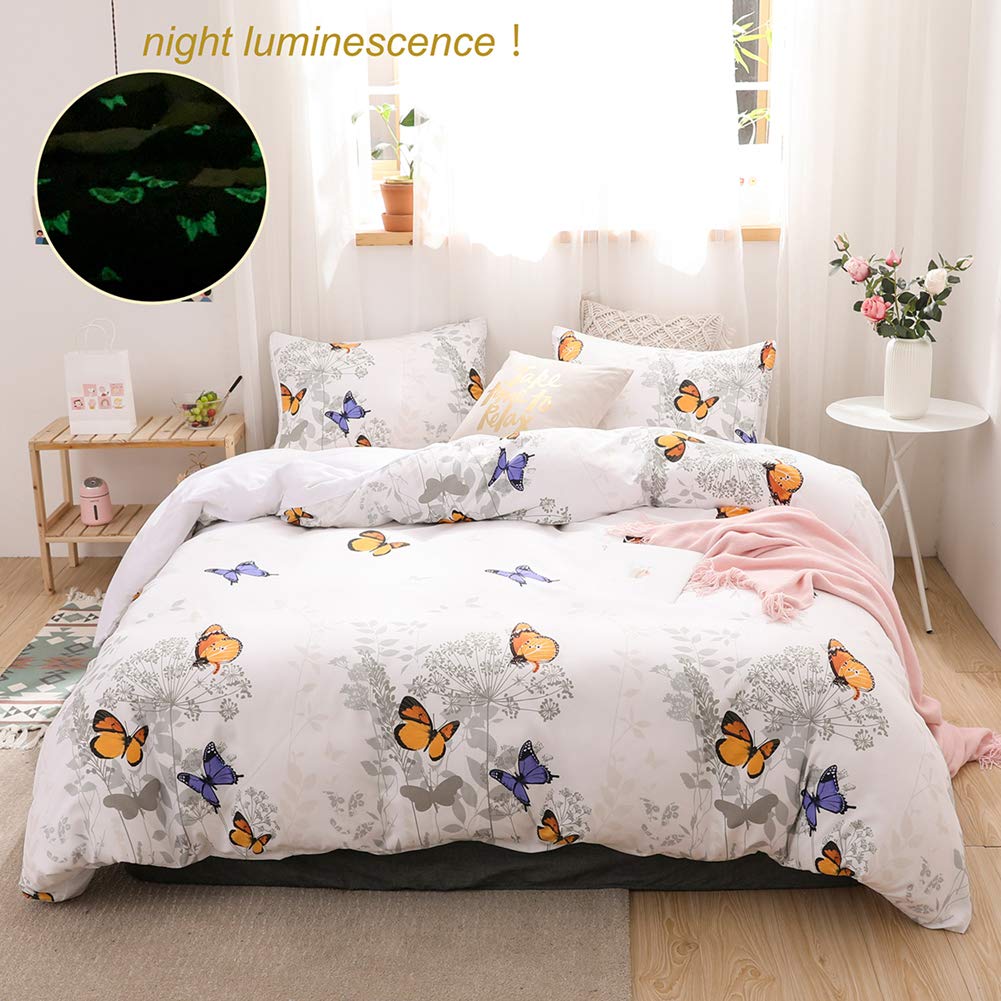Butterfly Bedding Grey Flowers Duvet Cover Set Dandelions and Night Luminescence Butterflies Design Floral Bedding Sets Queen 1 Duvet Cover 2 Pillowcases (Queen, White)