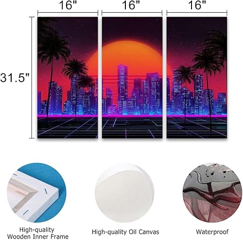 Miniatura 3 de 3 Piece Canvas Wall Art Prints Picture Retro wave synthwave vaporwave skyline scenery landscape Framed Wall Painting Modern Artwork Poster Home