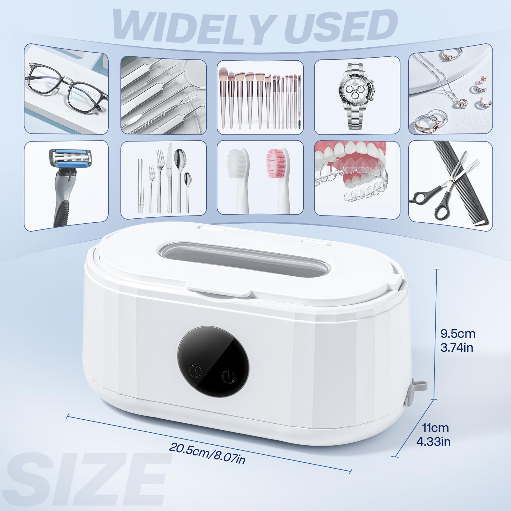 Limpiador ultrasónico de joyas, máquina limpiadora ultrasónica de 49 Khz para dentaduras postizas, lentes, correa de reloj, aparatos ortopédicos, anillos, joyas, 5 modos de limpieza con luz azul y