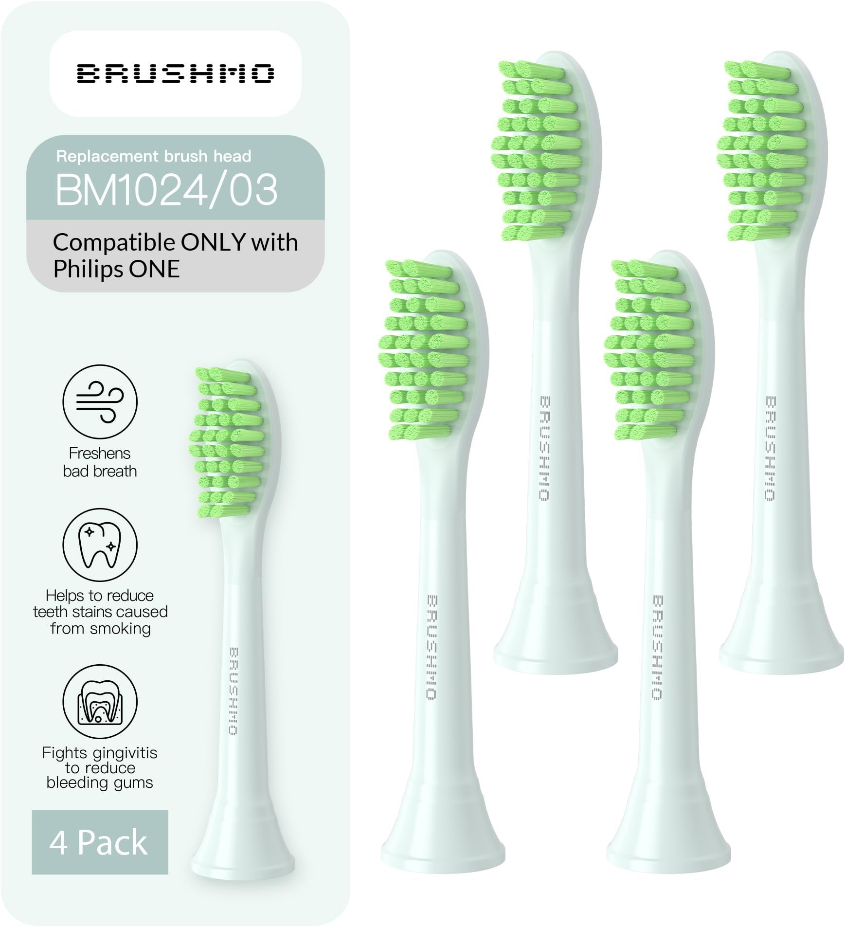 Replacement Toothbrush Heads, Compatible with Philips One for Sonicare Electric Toothbrush Handles HY1022, 4 Standard Heads with Tongue Cleaner, Soft Dupont Bristles, BM124m, Mint Light Blue