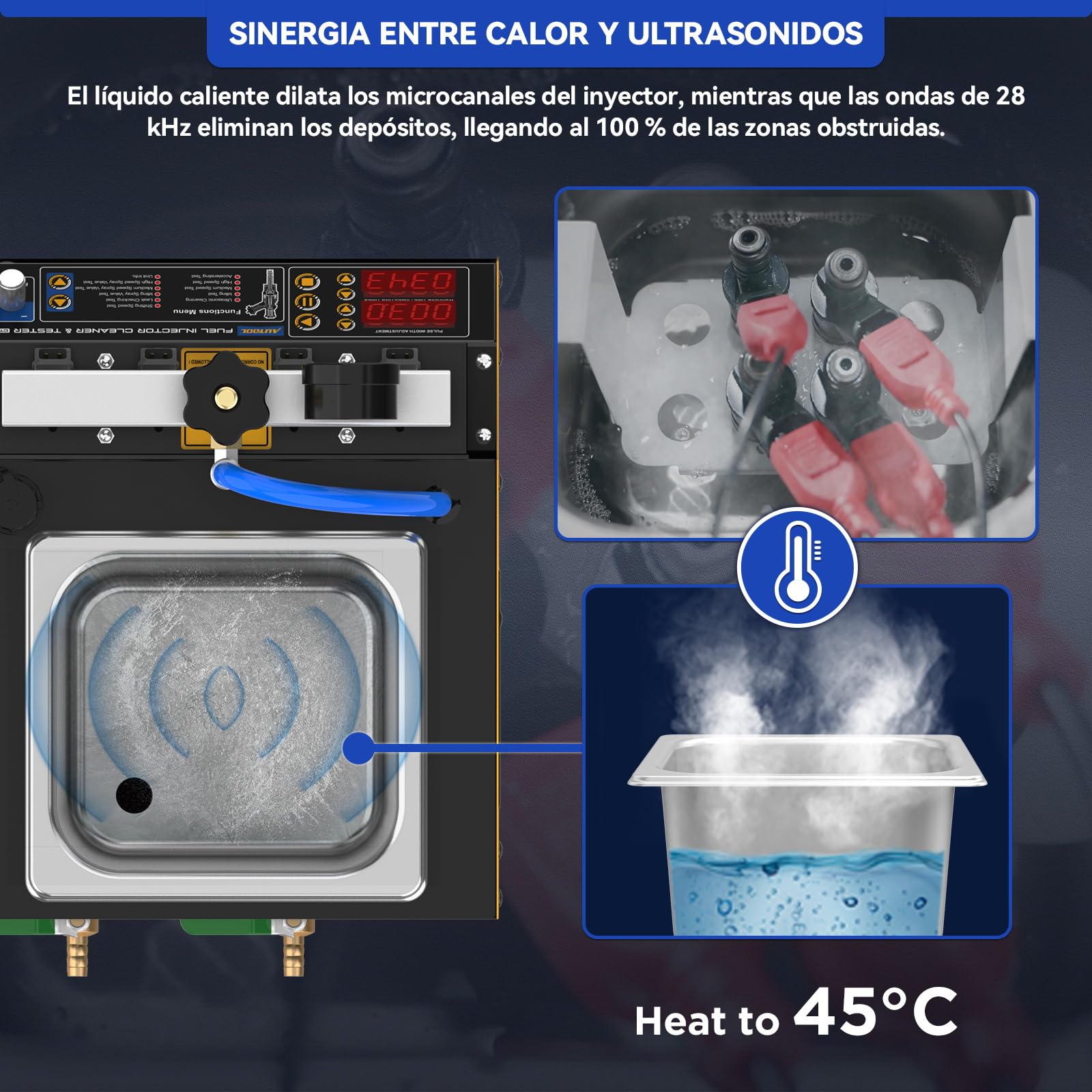 AUTOOL CT160 Tester per Iniettori di Carburante e Macchina Pulitrice a Ultrasuoni con Riscaldamento, Pulitore Iniettori Benzina Automatico con 4 cilindri,220V