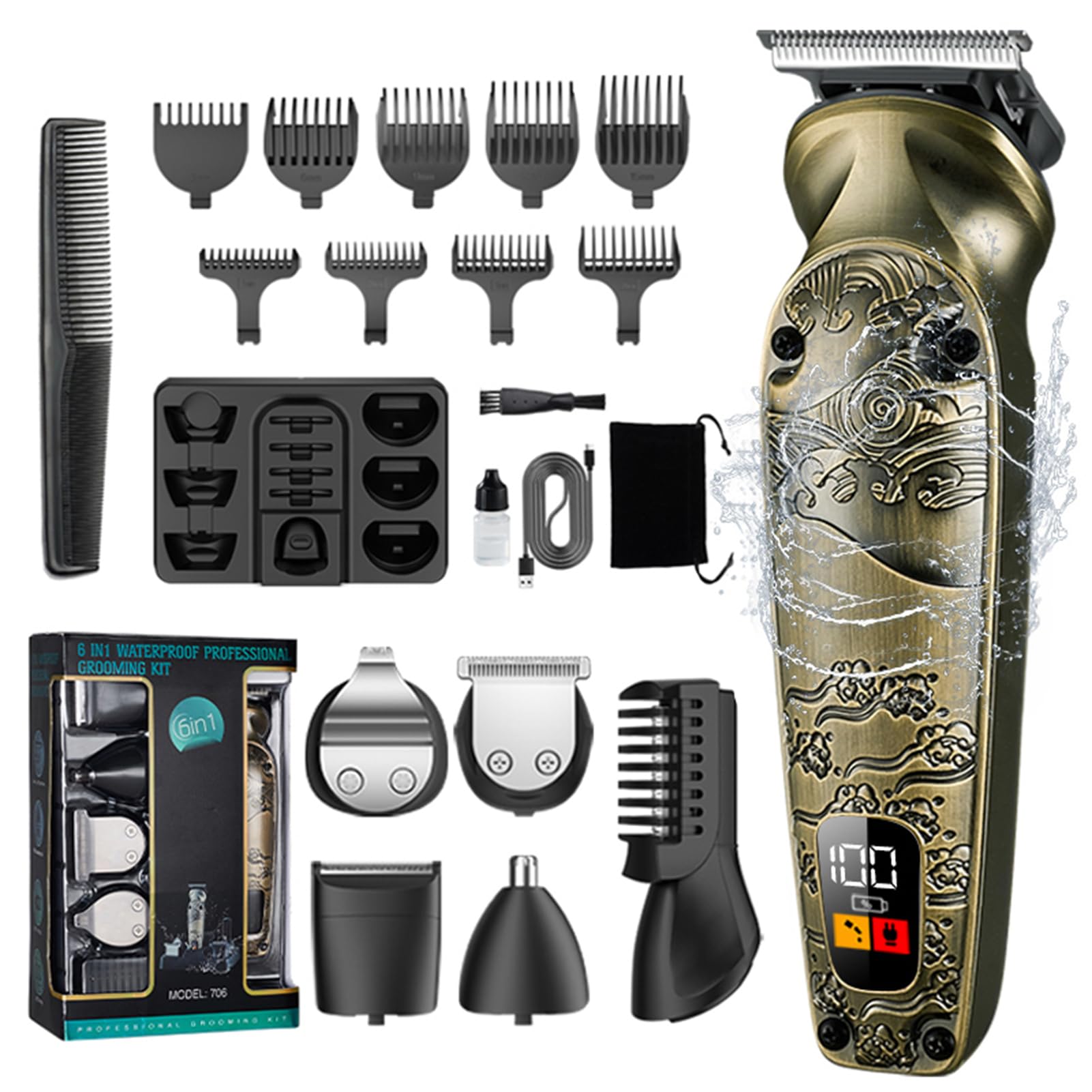 6 Po à 1 Pouce électrique Multi-fonction Clipper Coiffes de Poils de Nez Riché avec 6 Têtes à Lame Affichage de Puissance LCD Intelligente 7000 Tr/Min, adapté au Rasage de la
