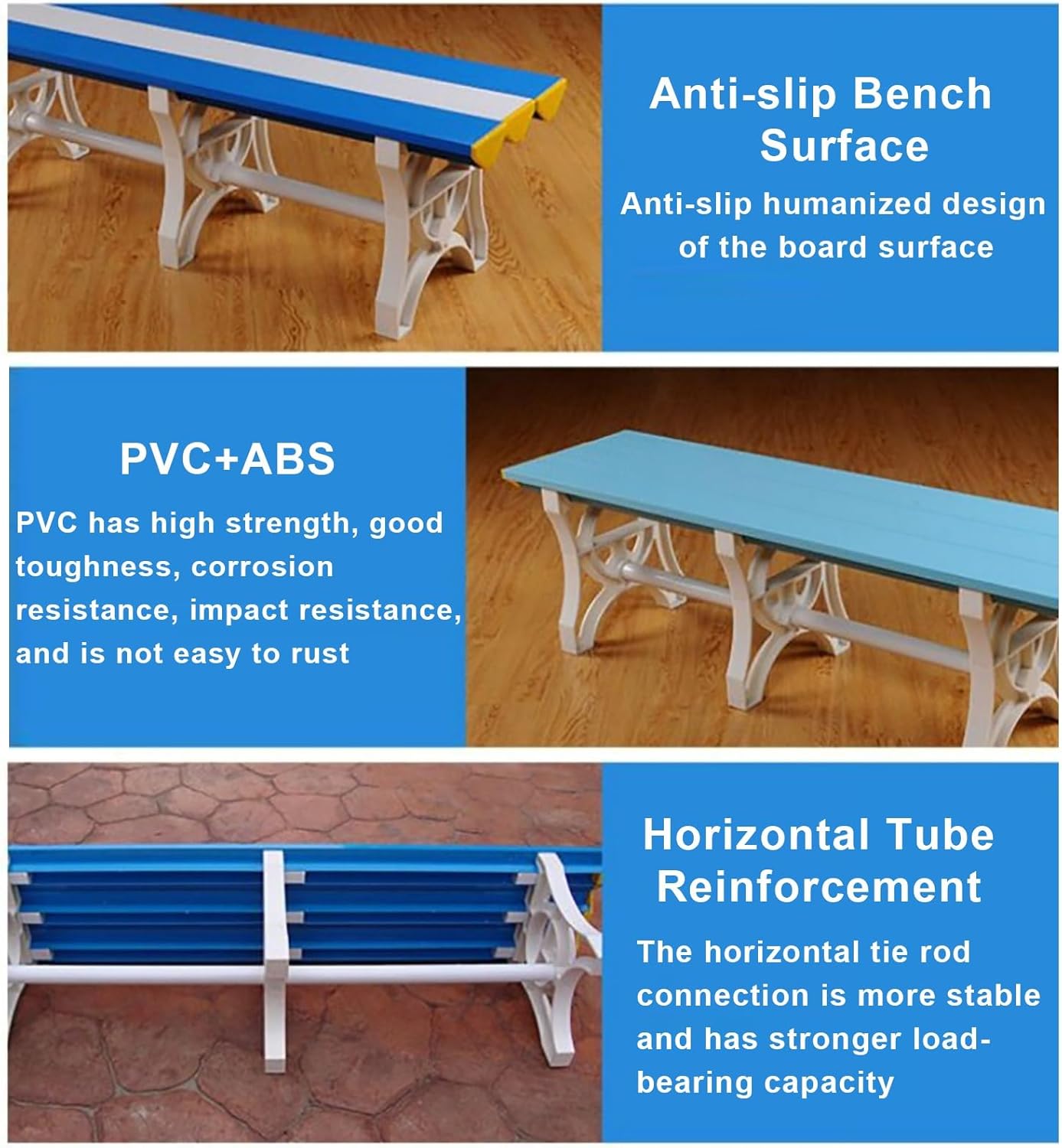 Waterproof ABS Plastic Park Bench, 500kg Capaci, 2-Person Outdoor Chair for Gym, Poolside, Bathroom & Loun, Slatted Seat Design, 90cm/35in Long