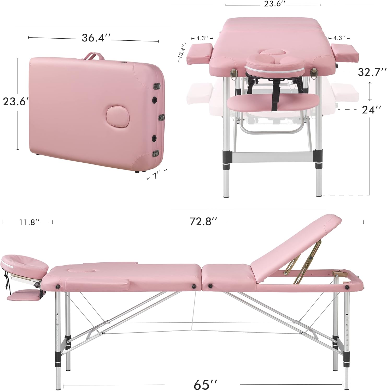 Prilinex Portable Folding Massage Table, 3 Sections Reclining Spa Bed, Aluminum Legs, with Carrying Bag, Face Cradle & Armrest - Easy Set Up, Lightweight, Height Adjustable 24" to 33" Pink : Beauty & Personal Care